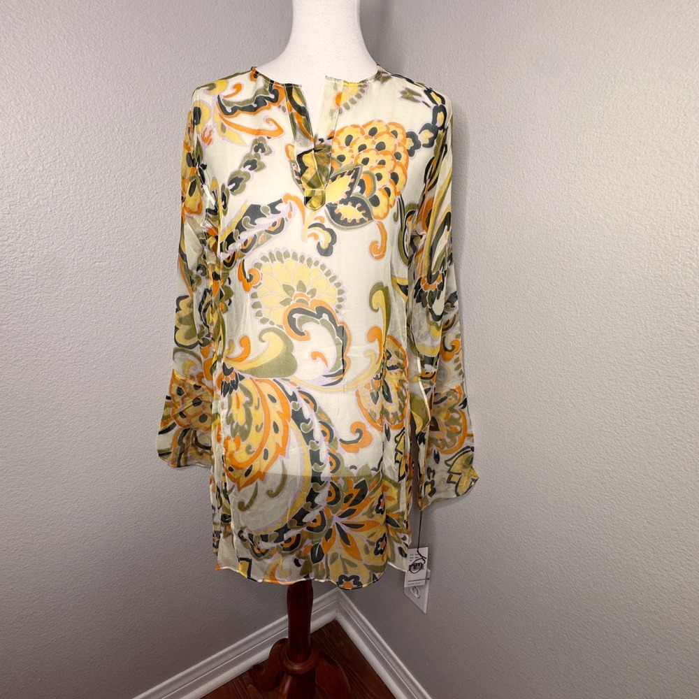 NWT TRUE MEANING Silk Sheer Tunic Overtop SM Paisley Yellow Greens‎ Boho